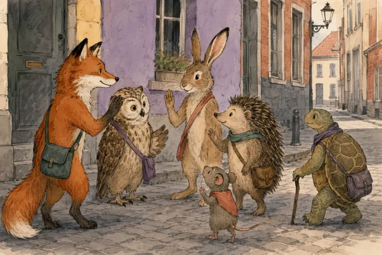 De zes dieren van Fabelo begroeten elkaar op straat