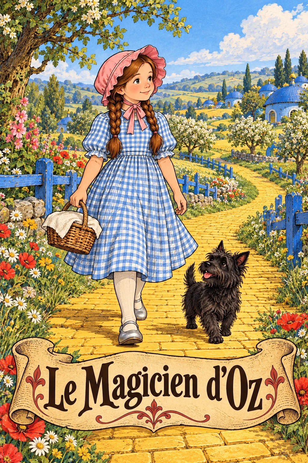 Dorothy en Toto op de gele weg, cover van Le Magicien d’Oz